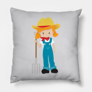 Farm Girl, Cute Girl, Orange Hair, Farmer, Rake Pillow