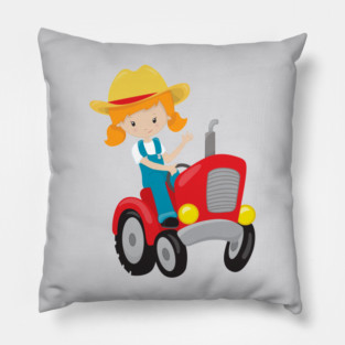 Farm Girl, Cute Girl, Orange Hair, Farmer, Tractor Pillow