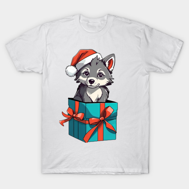 Wolf Santa Puppy in Gift Box T-Shirt by WolfMerrik
