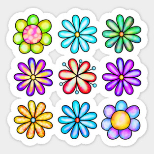 Doodled Flowers, Pretty Fleurs, Colorful Petals Array Sticker