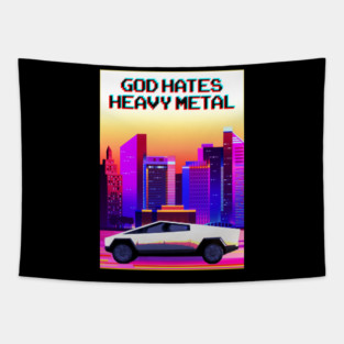 Cybertruck Pixel Art Cruise - God Hates Heavy Metal Tapestry