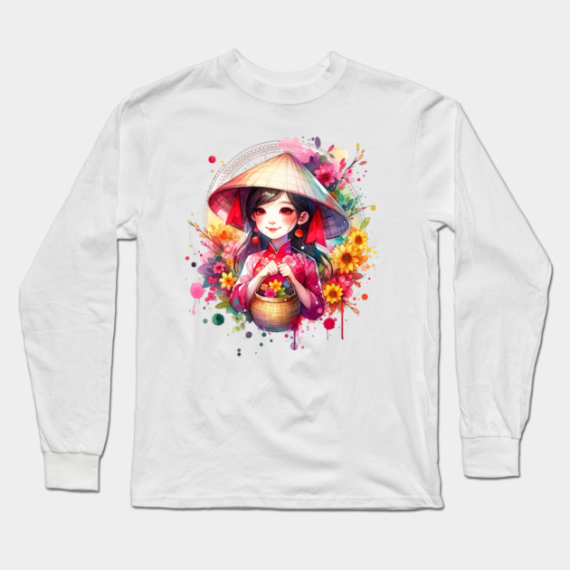 Watercolor Tet Girl Long Sleeve T-Shirt by HolidayBug