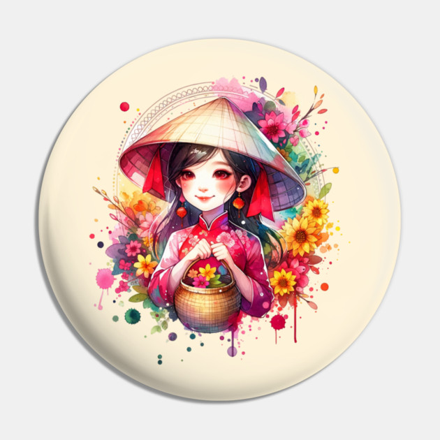 Watercolor Tet Girl Pin by HolidayBug