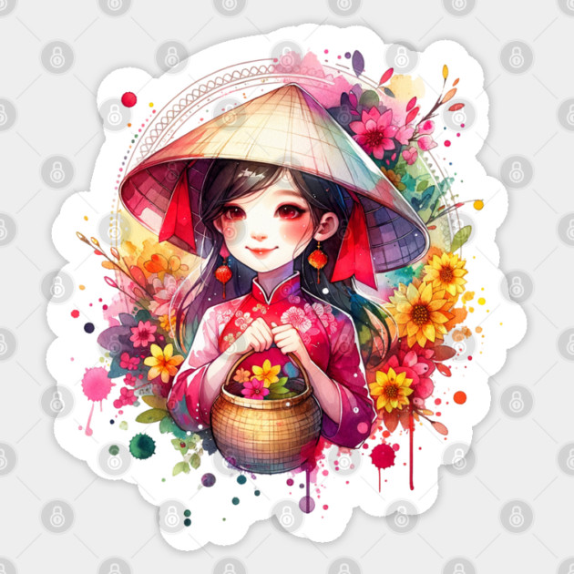 Watercolor Tet Girl Sticker by HolidayBug