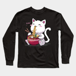 cat eating ramen Long Sleeve T-Shirt