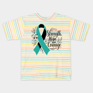 Ovarian Cancer Awareness, Support Fighters, Warriors, Survivors with Teal Ribbon Designs Kids T-Shirt
