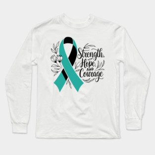 Ovarian Cancer Awareness, Support Fighters, Warriors, Survivors with Teal Ribbon Designs Long Sleeve T-Shirt