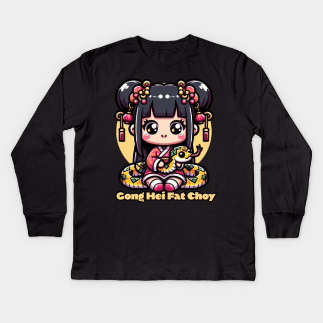Kawaii Chinese New Year Snake and Girl Kids Long Sleeve T-Shirt by HolidayBug
