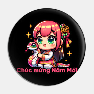 Kawaii Vietnamese New Year Girl & Snake Pin