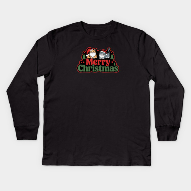Merry Christmas with Cats Kids Long Sleeve T-Shirt by Pete the Cat Guy
