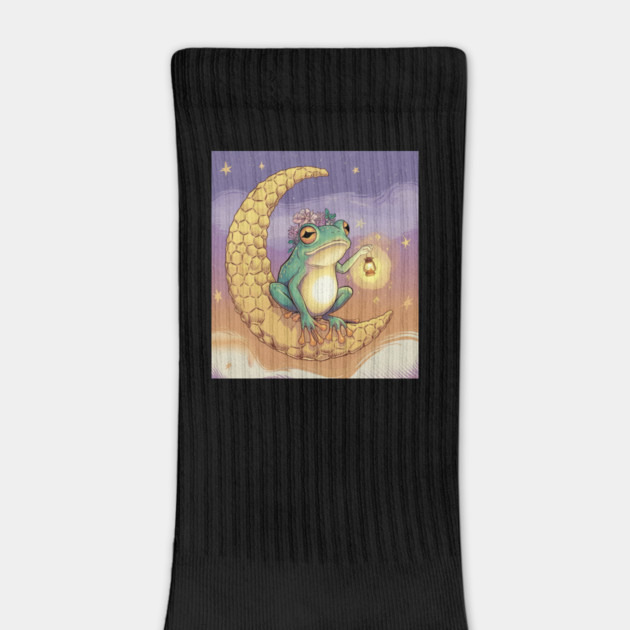 Frog with Lantern and Flower Crown on Honeycomb Moon, Cute Frog Drawing and Illustration for Frog Lovers by Pixel Threads 