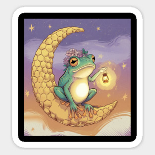 Frog with Lantern and Flower Crown on Honeycomb Moon, Cute Frog Drawing and Illustration for Frog Lovers Sticker