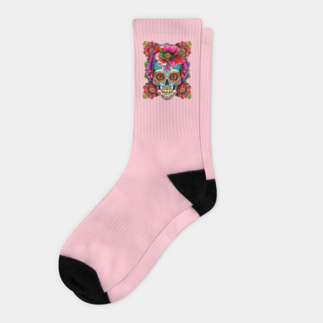Color Skull With Tattoo Pink Flower Socks by animegirlnft