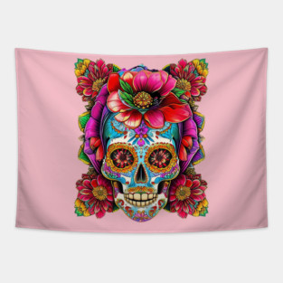 Color Skull With Tattoo Pink Flower Tapestry