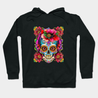 Color Skull With Tattoo Pink Flower Hoodie