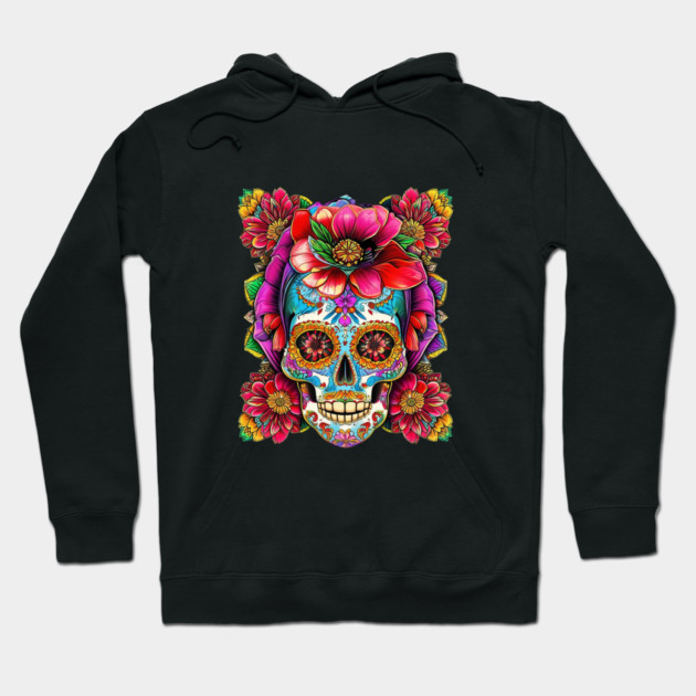 Color Skull With Tattoo Pink Flower Hoodie by animegirlnft