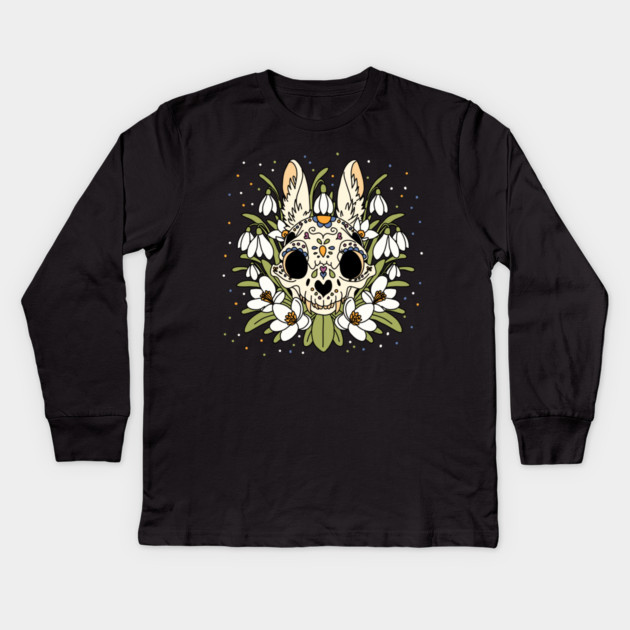 January's Snowdrop & Rabbit Skull Kids Long Sleeve T-Shirt by H. R. Sinclair