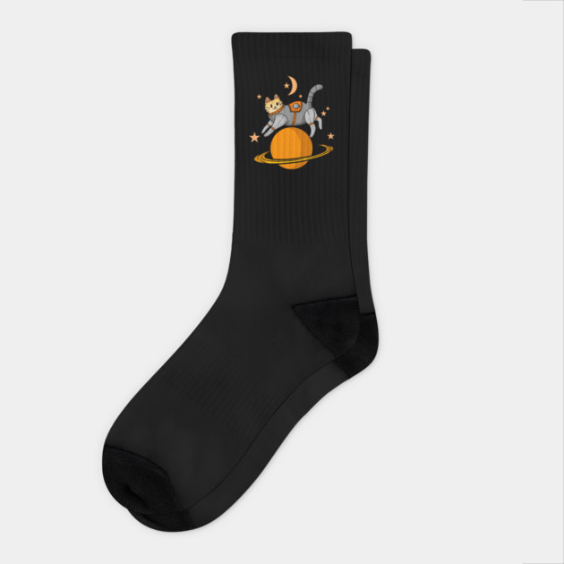 Saturn Cat T-Shirt - Cosmic Cat Orbiting Adventure Socks by Urbanprint