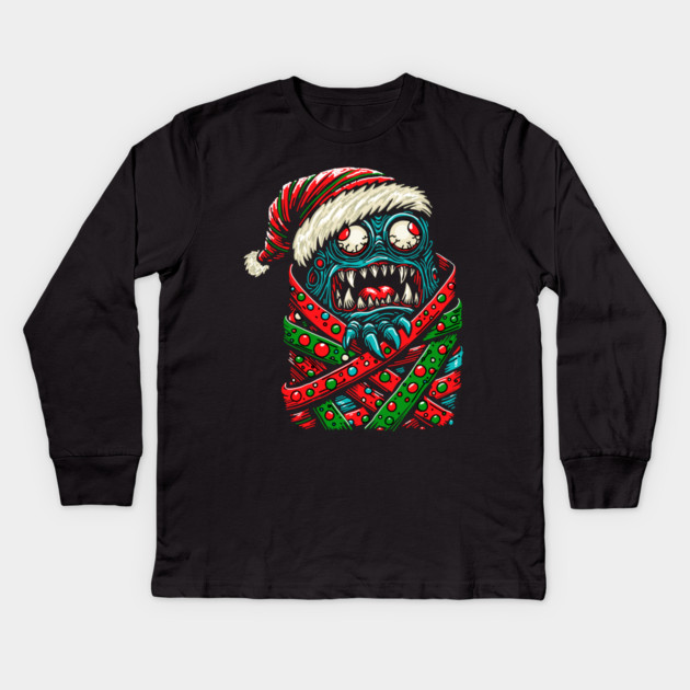 Gift Wrapped Christmas Monster Kids Long Sleeve T-Shirt by H. R. Sinclair