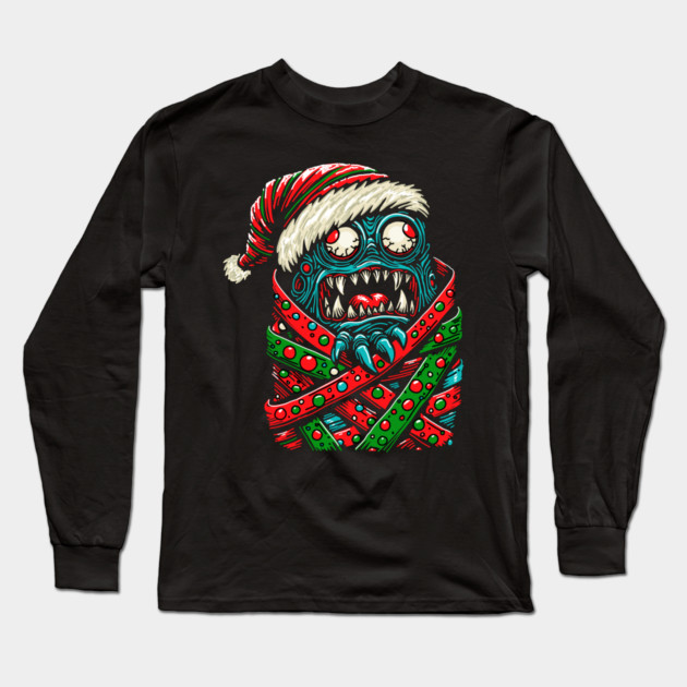Gift Wrapped Christmas Monster Long Sleeve T-Shirt by H. R. Sinclair