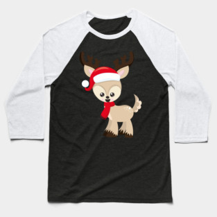 Christmas Reindeer, Cute Reindeer, Santa Hat, Xmas Baseball T-Shirt