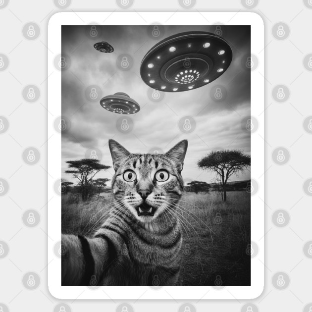 Selfie of Funny Cat and Aliens UFO 3 Sticker by Megadorim