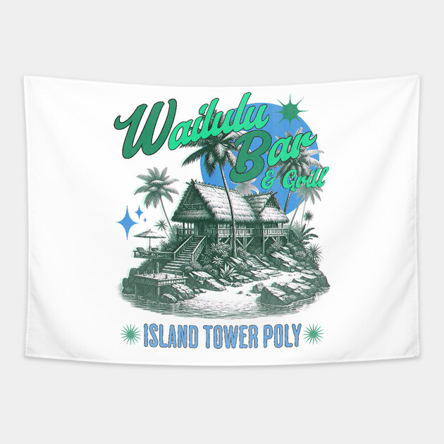Distressed Vintage Wailulu Bar and Grill Island Tower Polynesian Tapestry by Joaddo