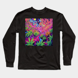 Psychedelic Dreamscape: Tactile Marijuana Leaves Swirl Long Sleeve T-Shirt