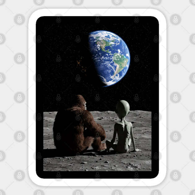 Alien and Bigfoot Watching the Earth from the Moon Sticker by Megadorim