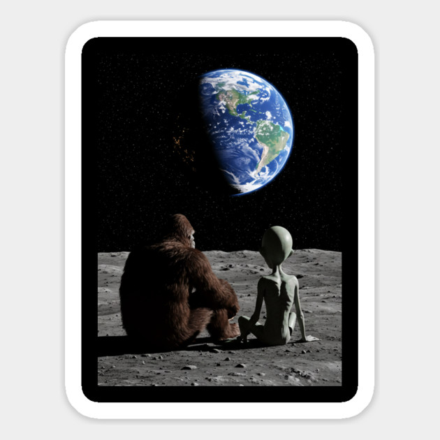 Alien and Bigfoot Watching the Earth from the Moon Magnet by Megadorim