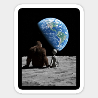 Bigfoot and Alien Watching the Earth from the Moon Sticker