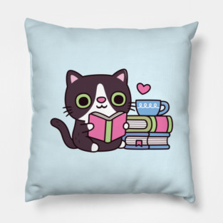 Cute Tuxedo Cat Loves Reading Books Pillow