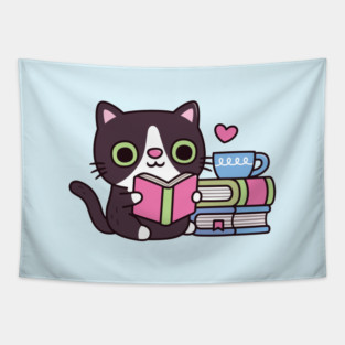 Cute Tuxedo Cat Loves Reading Books Tapestry