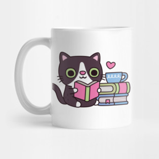 Cute Tuxedo Cat Loves Reading Books Mug