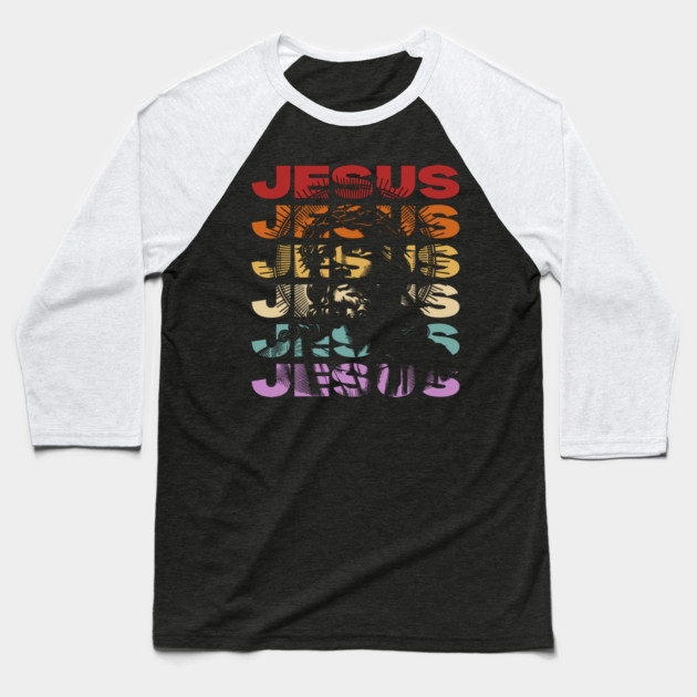 Jesus - Vintage Retro Sunset Typography - Christian Gift Baseball T-Shirt by TuncGK