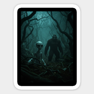 Alien and Bigfoot in an Creepy Forest Sticker
