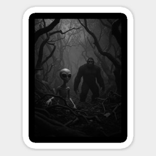 Alien and Bigfoot in an Creepy Forest-2 Sticker