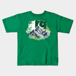 K2 Karakoram Mountain Range Watercolor Art with Pakistani Flag 4 Kids T-Shirt