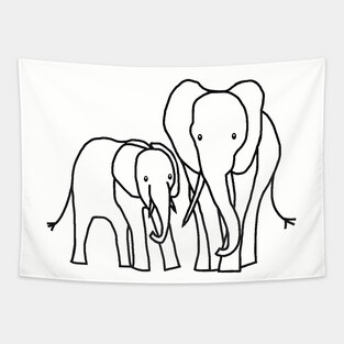 Little Elephant and Big Elephant For Kids Outline Tapestry