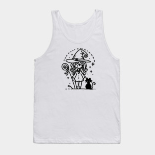 Cute Witch and Black Cat Doodle Tank Top