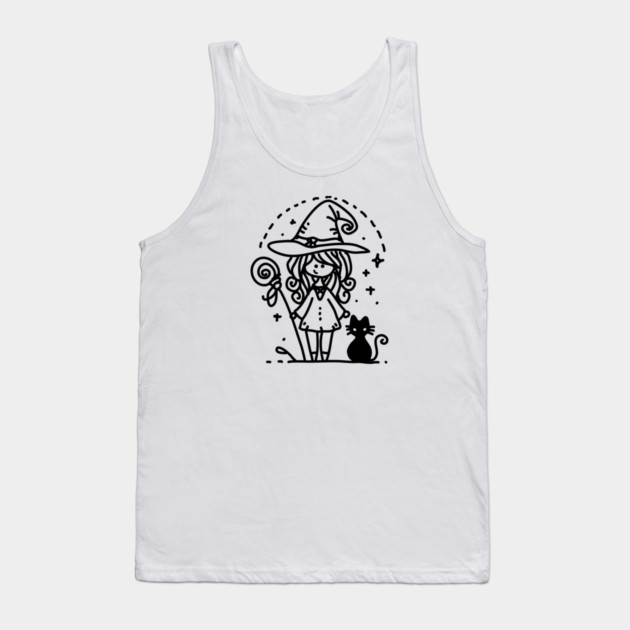 Cute Witch and Black Cat Doodle Tank Top by H. R. Sinclair