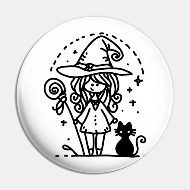 Cute Witch and Black Cat Doodle Pin by H. R. Sinclair