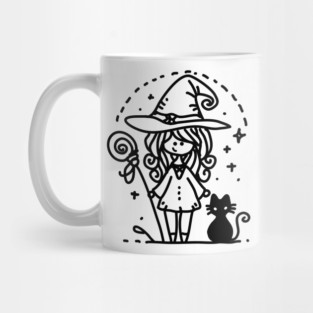 Cute Witch and Black Cat Doodle Mug