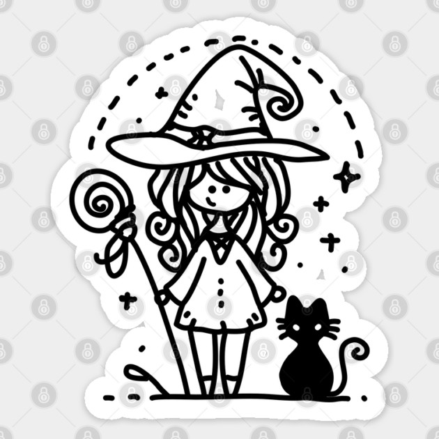 Cute Witch and Black Cat Doodle Sticker by H. R. Sinclair