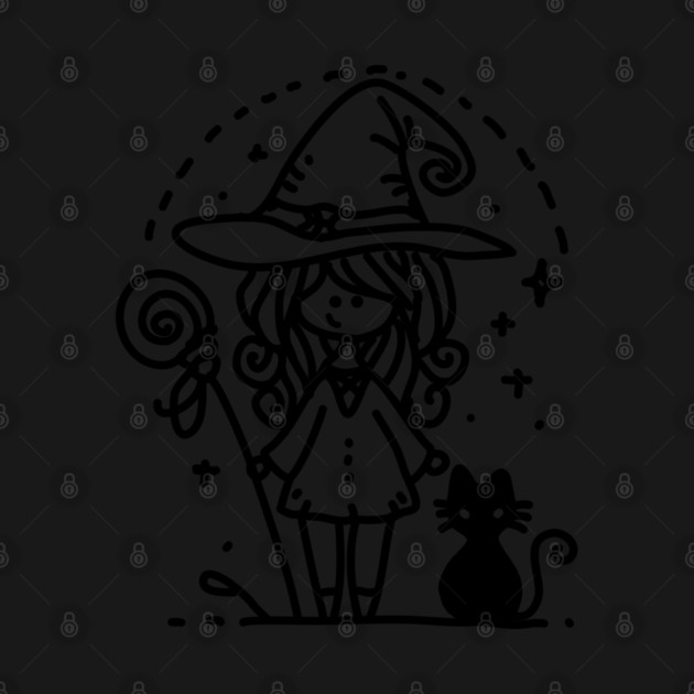 Cute Witch and Black Cat Doodle by H. R. Sinclair