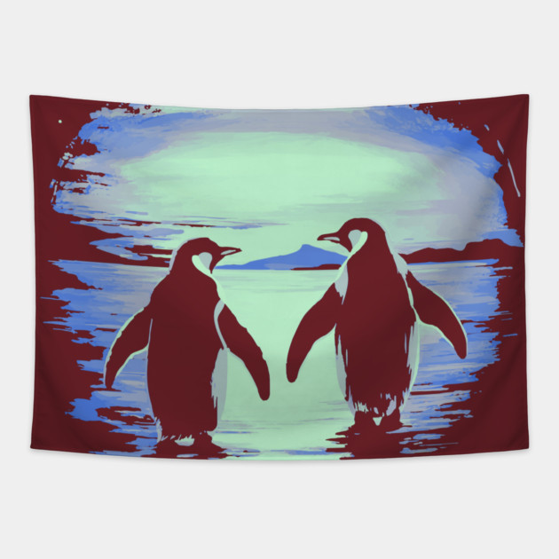 Antarctic Lovers - Penguin Couple Retro Tapestry by TuncGK