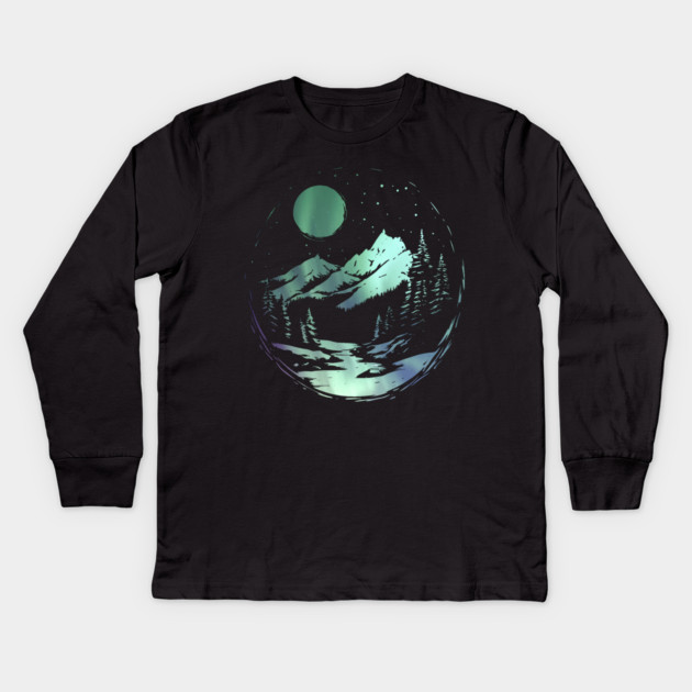 Aurora Dome - Monochromatic Winter - Polar Landscape Kids Long Sleeve T-Shirt by TuncGK
