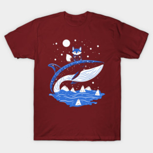 Fox Riding Whale - Monochromatic Winter T-Shirt