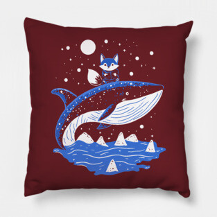 Fox Riding Whale - Monochromatic Winter Pillow