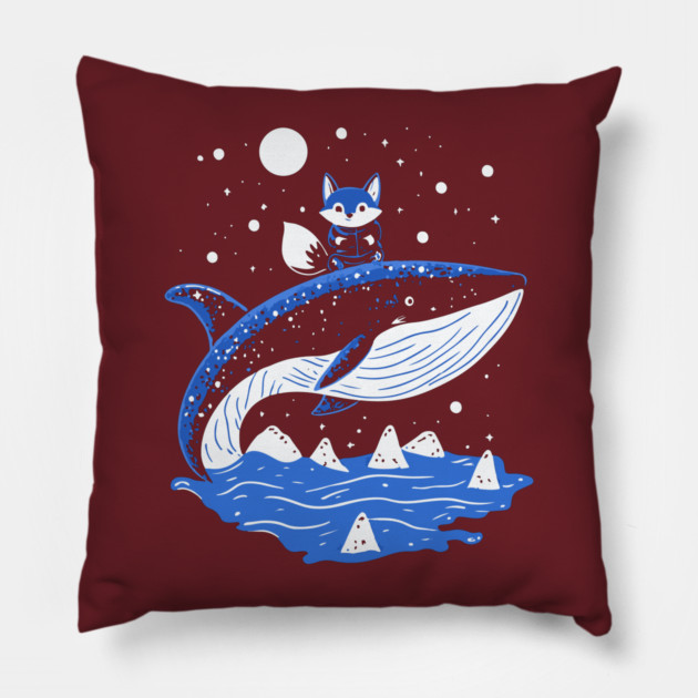 Fox Riding Whale - Monochromatic Winter Pillow by TuncGK